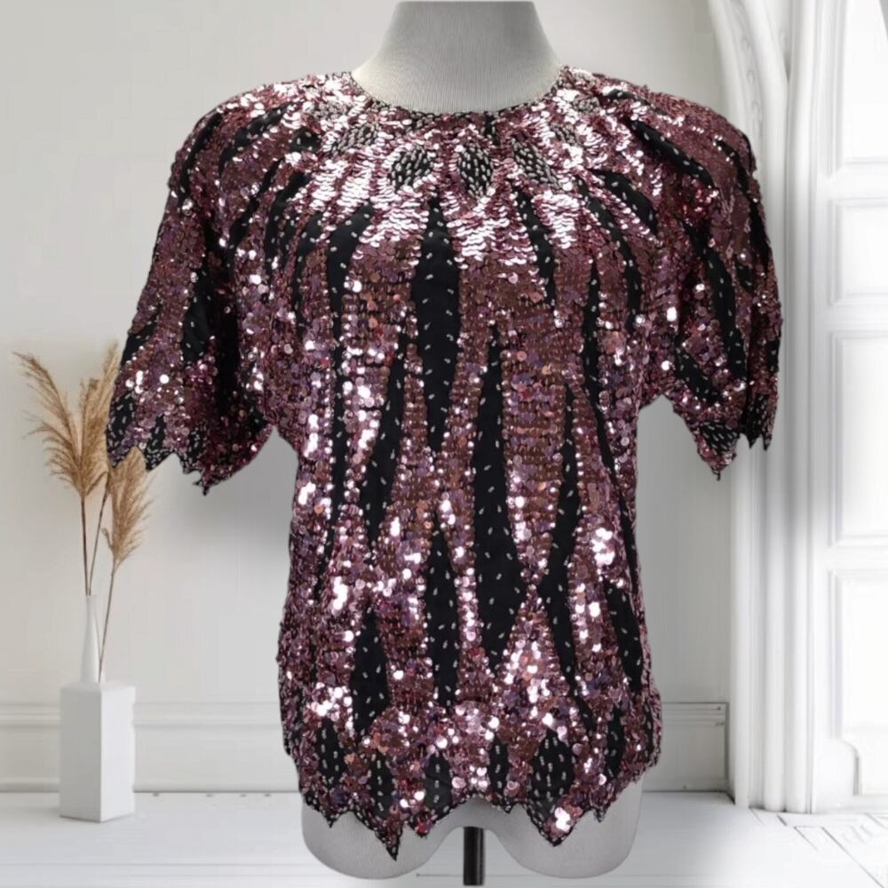 Vintage 80s Pink Sequin Party Top Size M Flame Sleeve Glitter Cocktail Blouse
